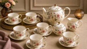 Complete tea set with teapot, cups, saucers, milk jug and sugar pot