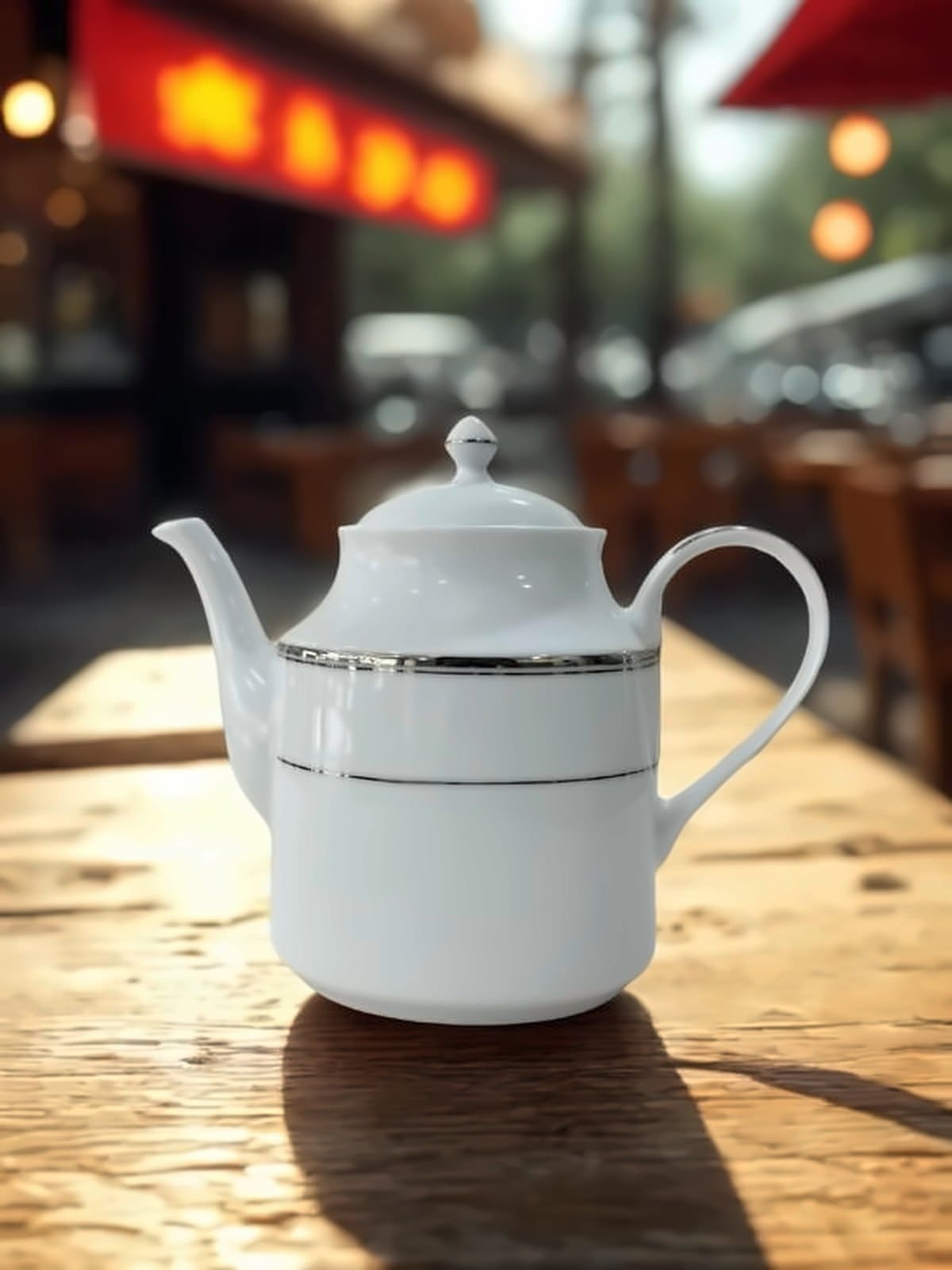White porcelain teapot with platinum lines on a cafe table with warm bokeh behind