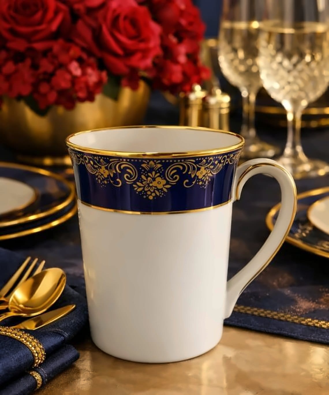 Bone china mug with a cobalt band, gold florals and a gold rim on a navy and gold table setting with red roses