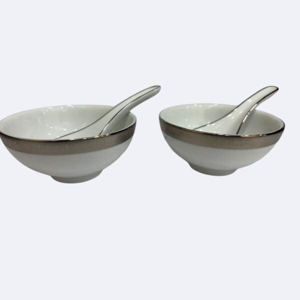 Dankotuwa Greek Key Platinum Set of 2 Soup Bowls with Spoon