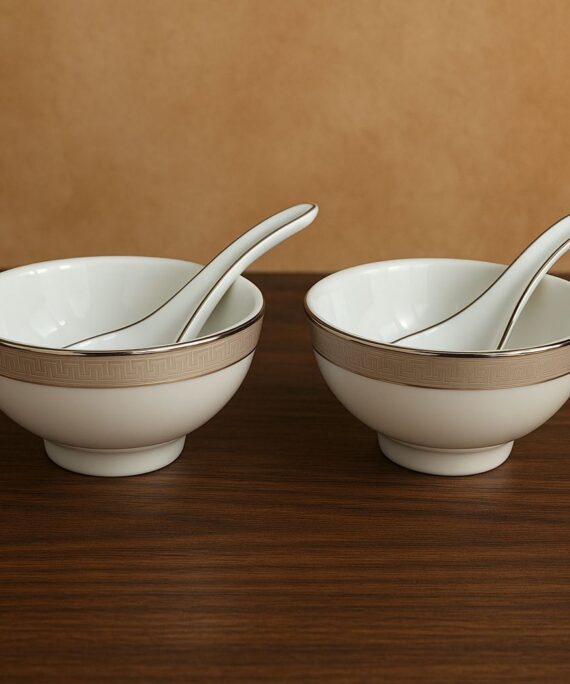 Dankotuwa Greek Key Platinum Set of 2 Soup Bowls with Spoon