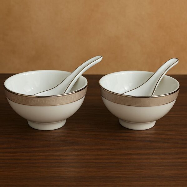 Dankotuwa Greek Key Platinum Set of 2 Soup Bowls with Spoon