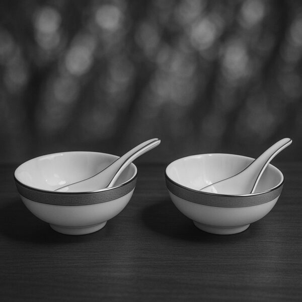 Dankotuwa Greek Key Platinum Set of 2 Soup Bowls with Spoon